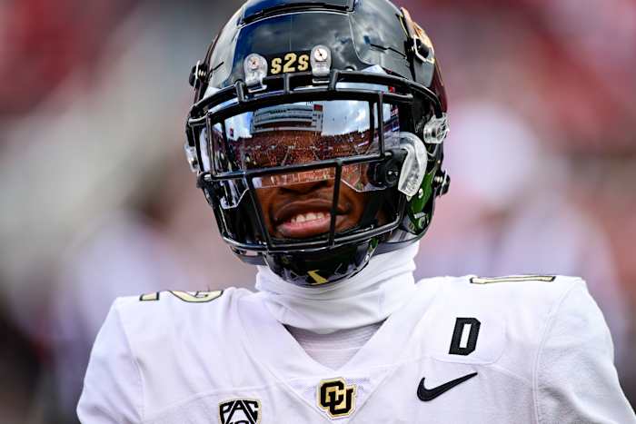 Nov 25, 2023; Salt Lake City, Utah, USA; Colorado Buffaloes athlete Travis Hunter (12) reacts on the field against the Utah Utes at Rice-Eccles Stadium